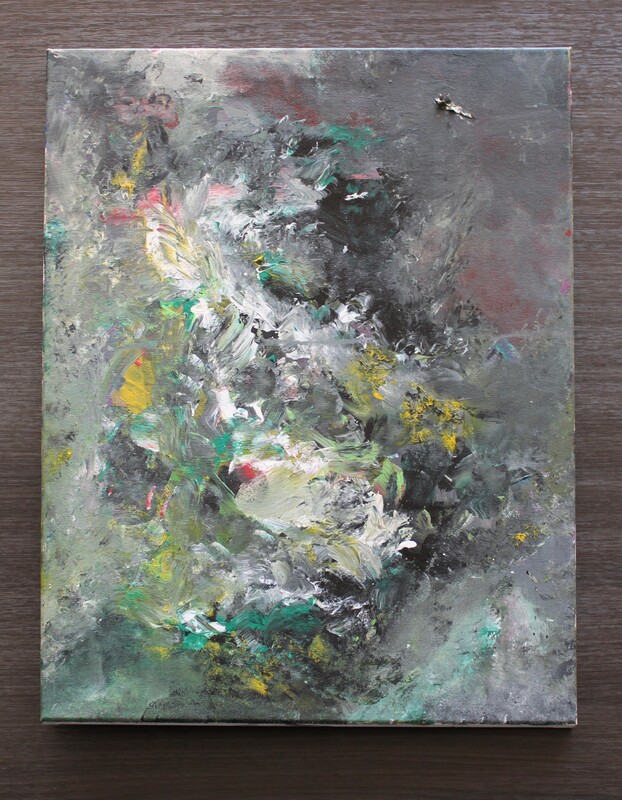 Abstract image of predominantly grey and green. Central highlights of white, yellow, and red create movement in the piece.