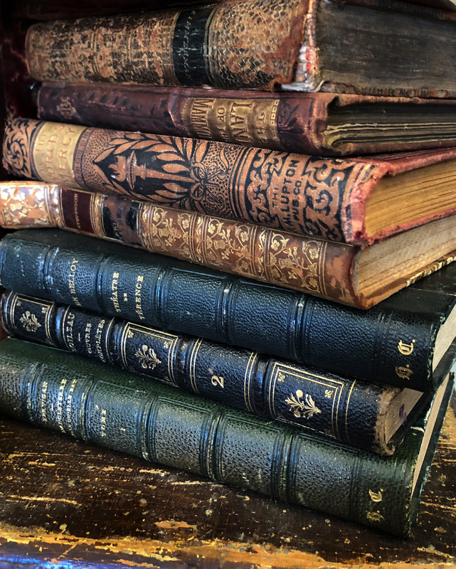 A stack of seven hardback books sit on a distressed wooden surface. The covers and page edges of the books are in varying stages of condition. Some appear very old and well used. The bottom three books are darker in color than the top four. Titles and various decorations can be seen on the spines, which are facing the viewer.