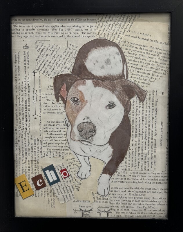 Artist: Aída Almanza-Ferro. 12 by 10-inch framed collage. A hand drawn image of a brown and white dog rests on collaged selections of text, patchworked to create the background. The letters of Echo are cut individually out from colored pages and placed reading diagonally up in the bottom left of the piece.