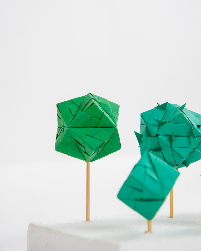 Various color green origami orbs. Fifth View.