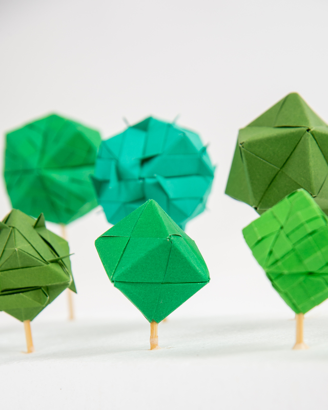 Various color green origami orbs. Sixth View.