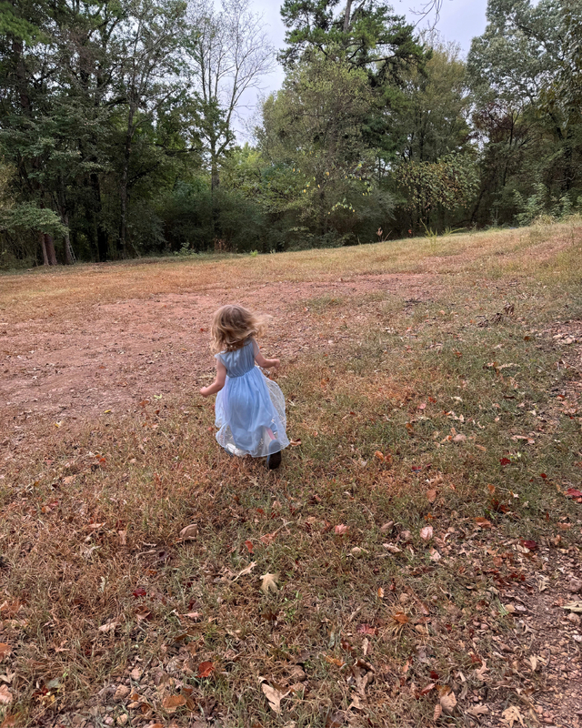 A young girl in a light blue dress runs across a grassy area littered with autumn leaves, with trees in the background under an overcast sky.