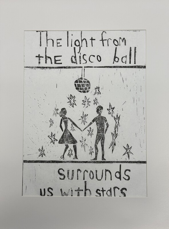 Artist: Duckie Kowalski. 16.5 by 13-inch framed lino print. Monochromatic print of an iced drink in a glass on a table top. Text along the top of the print reads: All there is is one last song.