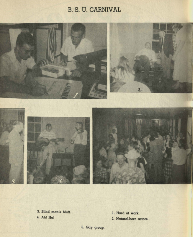 This photo is a collage of five photos from the college carnival.  Photo one is two men at a table and one is writing and the other is observing. Photo two is 4 people in a room.  Photo three is man standing. Photo four is a man playing a guitar and another playing a violin.  Photo five is many people gathered in a hallway.  