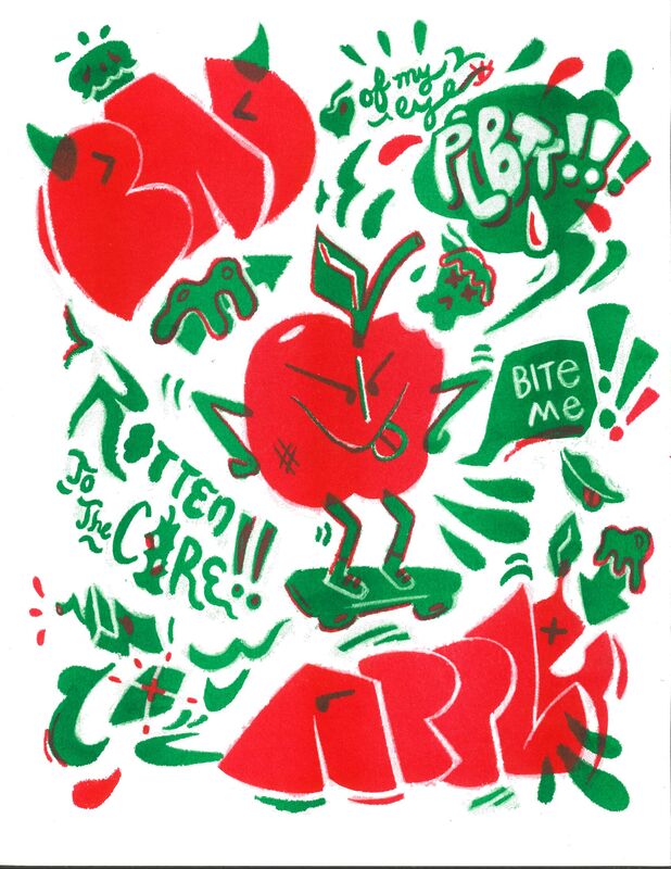 Red and green graphic illustration with an anthropomorphic apple on a skateboard.