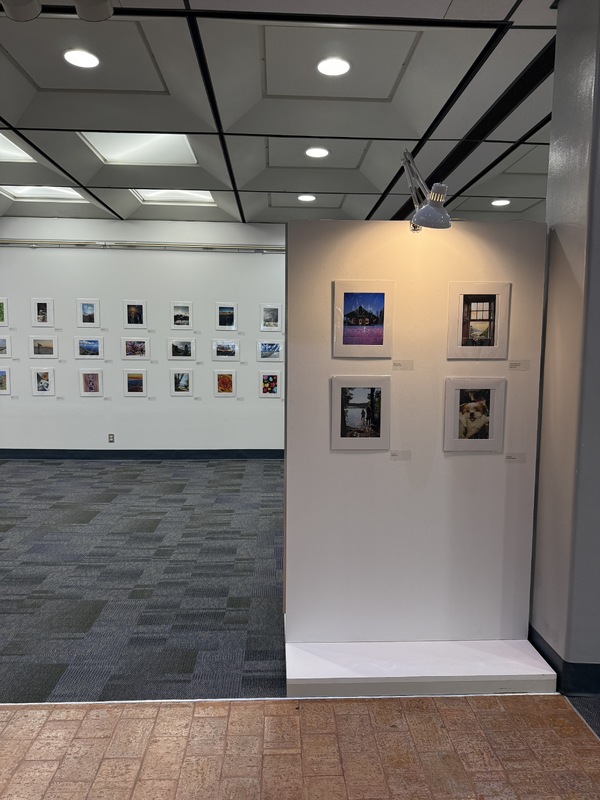Interior view of a photographic exhibition featuring framed photographs on white walls.