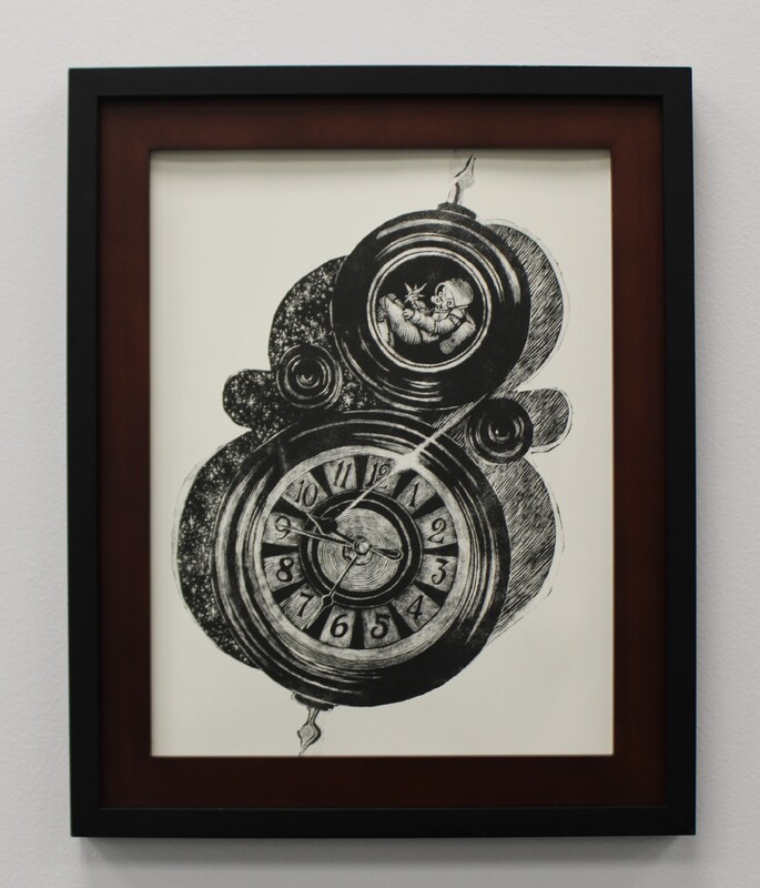 The image is a black and white lithograph set within a black frame with a dark brown inner border. The drawing features a surreal composition resembling a clock. The overall design is composed of thick, swirling lines, creating a dynamic and somewhat abstract appearance.
