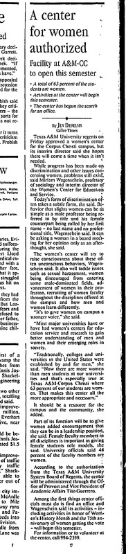 newspaper article from Corpus Christi Caller-Times, dated January 28, 1995, announcing the creation of the Texas A&M University Corpus Christ Women's Center