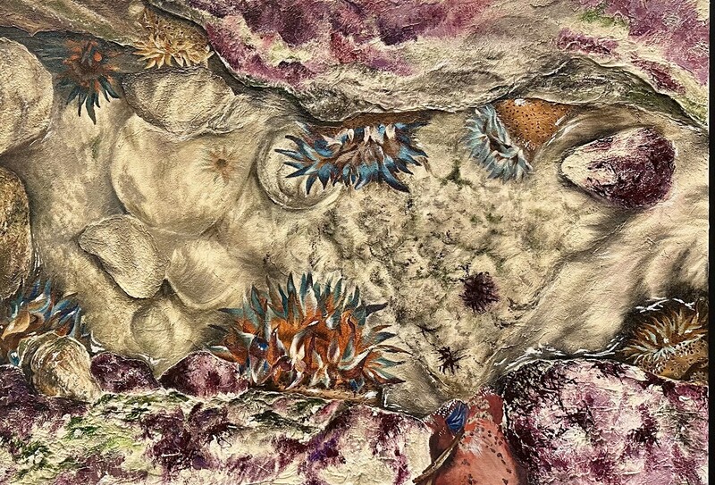 Earth toned image of organic spikes and swirls with rocklike formations.