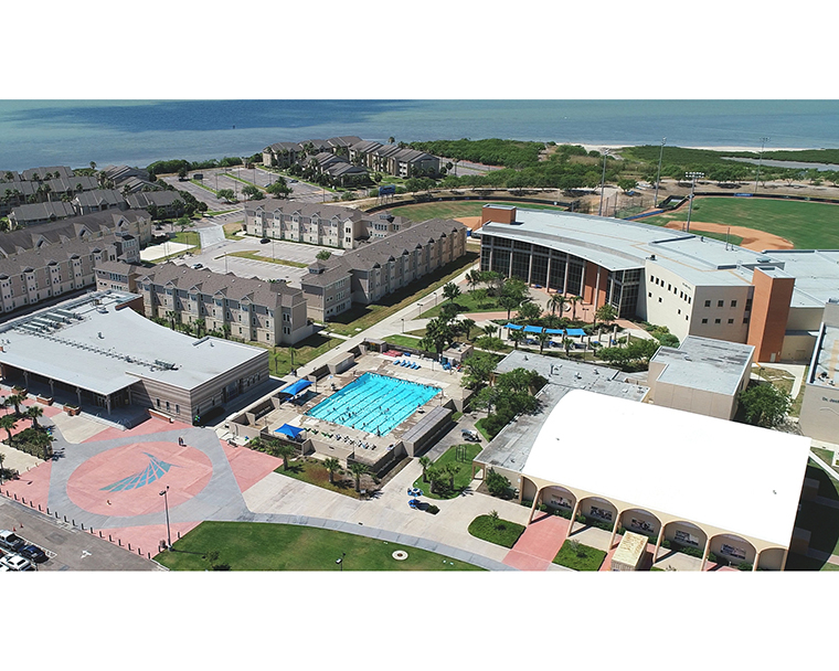 Color photograph of an aerial image of the southside of the Texas A&M University-Corpus Christi campus. Image includes campus buildings, housing, sports fields, and the Oso Bay.