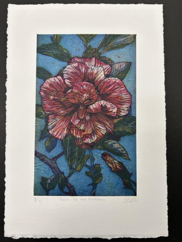 A colorful illustration of a flower in full bloom. A second flower bud appears in the lower right corner.
