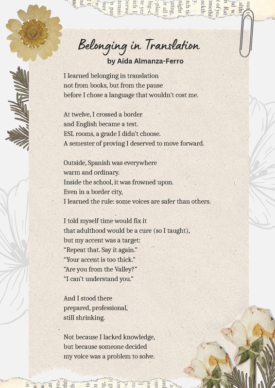 The image is a decorative page featuring a poem titled "Belonging in Translation" by Aída Almanza-Ferro. The background is a light, textured paper with floral designs at the corners.
