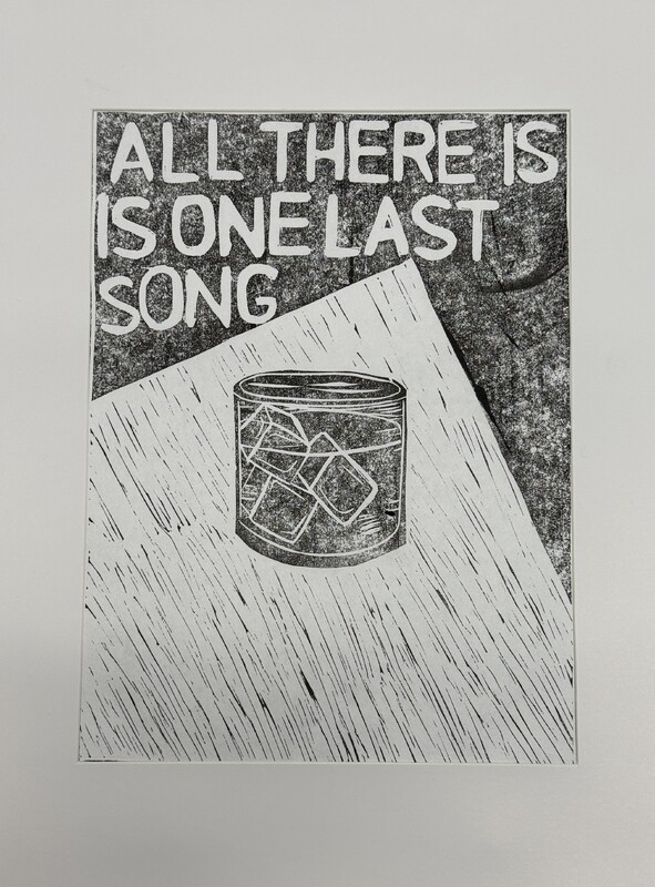 Artist: Duckie Kowalski. 16.5 by 13-inch framed lino print. Monochromatic print of figures dancing beneath a disco ball with stars. The text above and below the image reads: The light from the disco ball surrounds us with stars.
