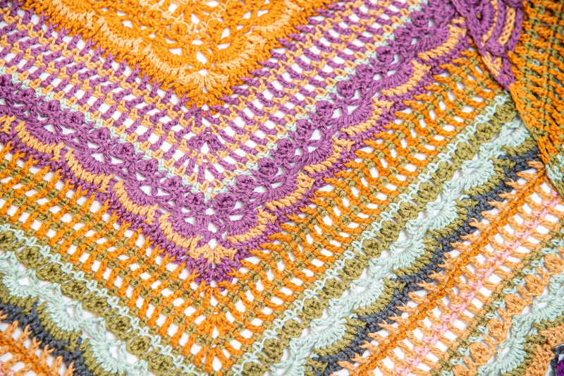 Closer look of colorful crocheted shawl.