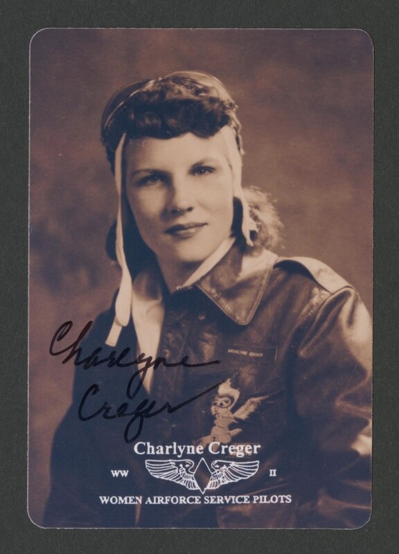 A woman in a pilot uniform with text that reads "Charlyene Creger Women Airforce Service Pilots"