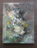 Abstract image of predominantly grey and green. Central highlights of white, yellow, and red create movement in the piece.