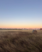 A rural landscape with dry grass and a hay bale under a gradient sky transitioning from blue to orange, indicating dawn or dusk.
