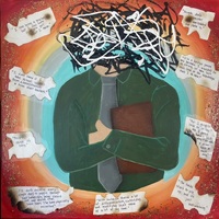 Artist: Amber Click. A 20 by 20-inch mixed media piece titled Scorched at Both Ends. The work includes a figure in long sleeved shirt and tie clutching a brown rectangular object. The head and face are invisible under a jumble of black and white squiggles. Half burnt handwritten slips of paper include messages about the stress and anxiety of a teaching professional.