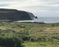 Coastal landscape with Moai statues in the distance and ocean background.