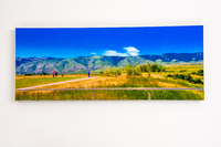 Landscape of grass fields in front of a mountain range. A group of people look at the mountains. 