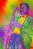 Artist: Caitlin Gamino. 14 by 11-inch mixed media, title The Feeling of Jazz. The brightly colored image includes a musician playing a saxophone, eyes shut. The facial expression conveys the power of the music. The clothing of the artist and background are bright shades of red, yellow, green, and blue. The saxophone and musician are rendered in shades of purple.