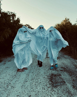 Three people covered in white sheets with sunglasses pose as ghosts on a gravel path surrounded by trees, wearing casual shoes.