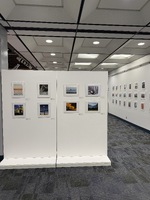 Interior view of a photographic exhibition featuring framed photographs on white walls.