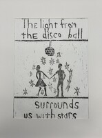 Artist: Duckie Kowalski. 16.5 by 13-inch framed lino print. Monochromatic print of an iced drink in a glass on a table top. Text along the top of the print reads: All there is is one last song.