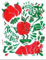 Red and green graphic illustration with an anthropomorphic apple on a skateboard.