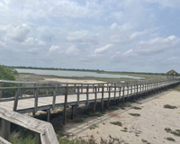 Wooden boardwalk leading through a coastal wetland, with a gazebo visible at the end, under a partly cloudy sky.