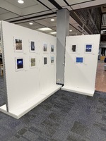 Interior view of a photographic exhibition featuring framed photographs on white walls.