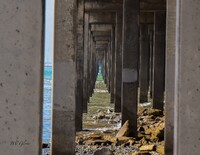 Artist: Jesse Glover. 14 by 11-inch photograph printed on canvas. Signed photograph of a concrete structure over a shoreline. The perspective is from underneath the structure, looking in between the concrete pilings. A rocky shoreline gives way to waves and deeper water further in the frame.