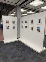 Interior view of a photographic exhibition featuring framed photographs on white walls.