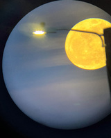 Yellow moon and streetlight in a dark sky.