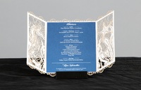 Artist: Katelynn Phelan x folded paper invitation. Intricate trifold paper invitation with aquatic cutout elements. Graphic Design.
