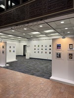 Interior view of a photographic exhibition titled "Islander Cell Phone Photography Show," featuring framed photographs on white walls with track lighting and a textured pinkish-brown floor.