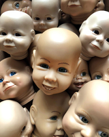 Cluster of doll heads with light beige skin tones and various expressions, predominantly smiling, with bright blue and green eyes.