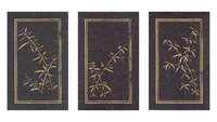 Three black rectangular panels with bamboo plants in a double gold border.