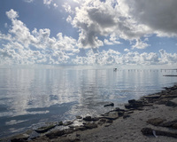A smooth body of water is visible from a rocky shoreline. The is shining and grey and white clouds are reflected on the waters surface. Piers and other structures can be seen in the right hand side of the image.