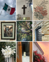 Artist: Aída Almanza-Ferro. 14 by 10-inch framed photograph titled Home. The image is a collage of nine photographs arranged in a grid of three images across, three down. Images include a Mexican flag, a large crucifix on a wall, a decorative floral image, a framed picture of an armored angel in battle, a fruiting tree, a brick wall with closed door, white oleander blooms, a small white dog facing inside a doorway, and a roof edge with brightly colored clouds and coral flowers in the foreground.