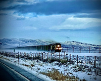 A freight train travels through a snowy landscape with hills in the background and an overcast sky.