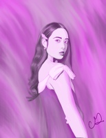 Artist: Caitlin Gamino. 14 by 11-inch mixed media titled What Love Will Do To You. The portrait is crafted in hues of purple, with a fluidly colored background. A person is standing in a formal, strapped dress with a light-colored bow at the shoulder. The figure is facing the right of the frame with their face turned toward the viewer. The subject has long dark wavy hair clipped back above the right ear. The figure has on an earring and makeup and is gazing at the viewer.