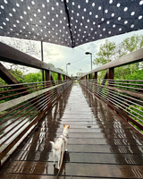 A small white dog stands on a rain-soaked wooden bridge while a polka-dotted umbrella provides overhead coverage.