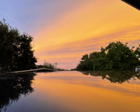A sunset sky with orange and purple hues reflected on a glossy surface, with silhouetted trees on the sides.