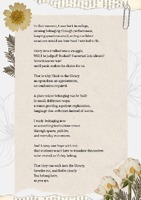 The image is a decorative page featuring a poem titled "Belonging in Translation" by Aída Almanza-Ferro. The background is a light, textured paper with floral designs at the corners.
