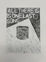 Artist: Duckie Kowalski. 16.5 by 13-inch framed lino print. Monochromatic print of figures dancing beneath a disco ball with stars. The text above and below the image reads: The light from the disco ball surrounds us with stars.