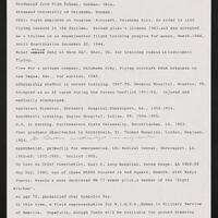 Image of text that reads "CHARLYNE CREGER
Born in Norman, Oklahoma
Graduated from High School, Norman, Okla.
Attended University of Oklahoma, Norman.
WWII- Night employee at Douglas Aircraft, Oklahoma City, in order to take
flying lessons in the daytime.   Earned pilot's license 1943,and was accepted
as a trainee in an experimental flight training program for women, March,1944,
until deactivation December 20, 1944.
4 c 7-.1r
Brief a t.-o-n duty at Waco AAF, Waco, TX, for training cadets in instrument
flying.
Flew for a salvage company, Oklahoma City, flying aircraft from Arkansas to
Las Vegas, Nev., for auction, 1945.
Scholarship student in nurses training, 1947-50. Hermann Hospital, Houston, TX.
Accepted as an AF nurse during the Korean Conflict 1951-52.    Injured and
medically discharged.
Assistant Director, Shriners' Hospital,Shreveport, La., 1952-1954.
Anesthesia training, Baylor Hospital, Dallas, TX, 1954-1955.
B.S. in nursing, Northwestern State University, Natchitoches, LA. 1963.
Post graduate observation in Anesthesia, St. Thomas Hospital, London, England,
1964.                               -j
Anesthetist, primarily for emergencies, LSU Medical Center, Shreveport, LA,
1960-68; 1972-1980.   Retired 1980.
On Loan as Chief Anesthetist, Earl K. Long Hospital, Baton Rouge, LA 1968-69
May Day, 1990, one of three WASPS honored in Red Square, Moscow, with Nadya
Popova, Russia's most decorated WW II woman pilot,a member of the "Night
Witches".
At age 70, parasailed over Acapulco Bay.
At this time, a field representative for W.I.M.S.A.,Women in Military Service
of America. Hopefully, enough funds will be available for ground breaking
in June,1995, for monument.
.ie-.-. /3A " - AL3  - c'"