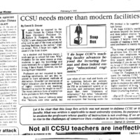 Island Waves - February 9, 1993, p. 6. Article title: Student Opinion Gets in Caller Times. This article reprinted a student opinion on CCSU faculty's teaching entitled CCSU Needs More than Modern Facilities.