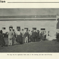 Students in line for Registration in the TheSilverKing1959 yearbook. The caption says "The long line for registration forms early in the morning and lasts most of the day".