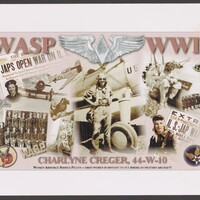 A collage with text reads "WASP WWII" at the top with images of newspapers and women in uniforms, insignias, and aircraft. More text at the bottom that reads "Chrlyne Creger, 44-w-10. Women Airforce Service Pilots- First women in history to fly American Military Aircraft!"